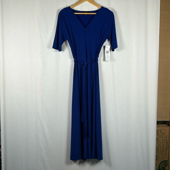 MSK Goddess Blue Midi Dress NWT Tie Waist Business Casual Work Office Stretchy M - Picture 2 of 13
